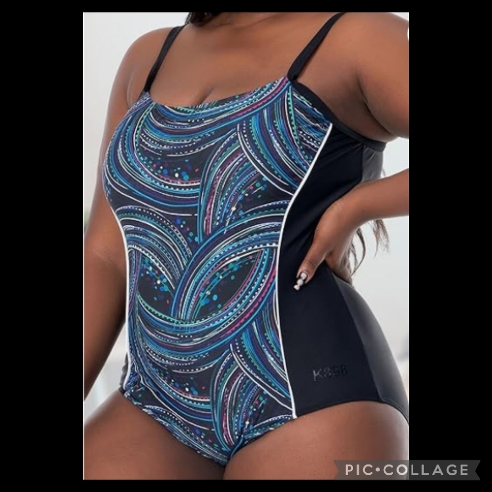 Black,blue, purple with white  piping one piece swimsuit